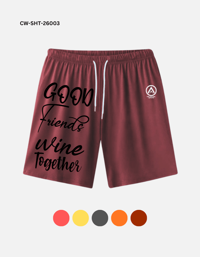 A pair of deep red custom men's shorts with the words "GOOD FRIENDS WINE TOGETHER" written on the front.