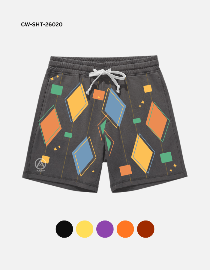 A pair of grey men's shorts with a multi-color geometrical pattern on them.