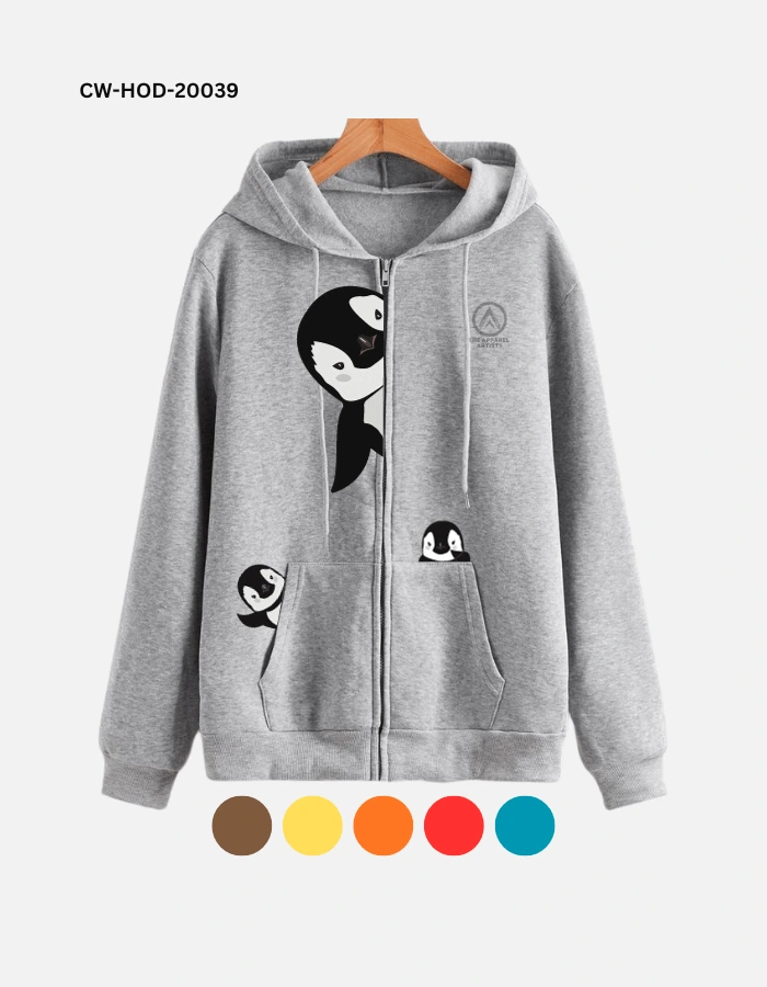 A grey full zip hoodie with images of penguins on it.