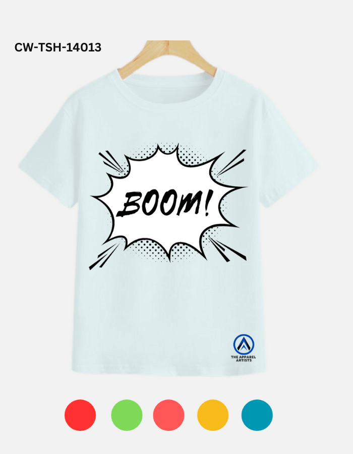 The Apparel Artist's custom t-shirt with a bold boom design, perfect for making a statement.