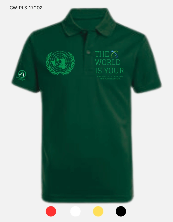 The Apparel Artist's dark green polo shirt with the words "THE WORLD IS YOURS" written on the front.