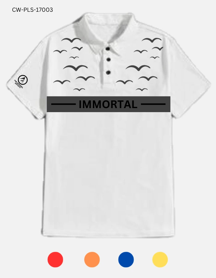 A white polo shirt with the word "IMMORTAL" written on it and images of flying birds.