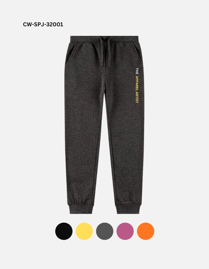 Custom dark grey sweatpants with drawstring closure and elastic waistband.