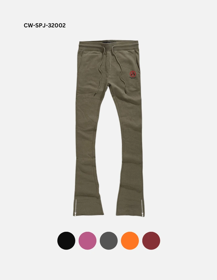 Custom stacked sweatpants in grey brown color having zips at the bottoms