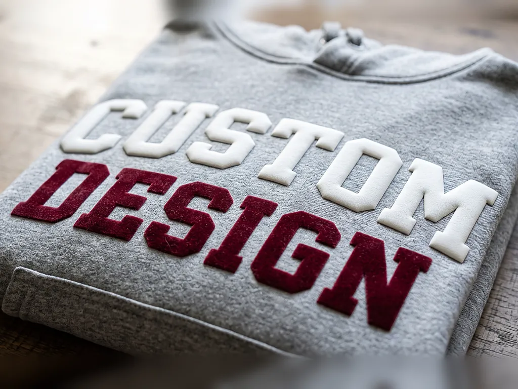 Raised 3D puff and velvet flock heat transfer vinyl CUSTOM DESIGN lettering on a heavyweight grey hoodie