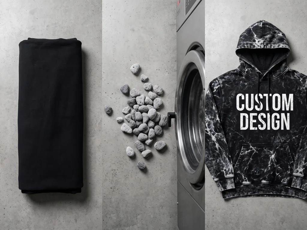 Industrial wash drum, pumice stones and a finished acid wash hoodie showing what an acid wash clothing manufacturer produces
