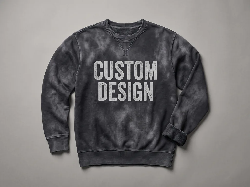 Vintage wash French terry crewneck sweatshirt with a ribbed collar and a bold CUSTOM DESIGN chest print