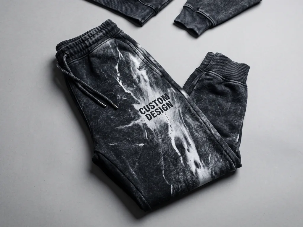 Acid wash tapered fleece joggers with a drawcord waist and a custom thigh print, folded flat