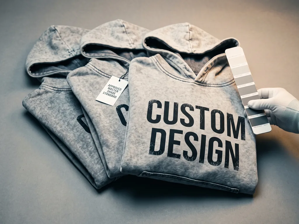 Finished acid wash hoodies compared against an approved master shade standard during inspection