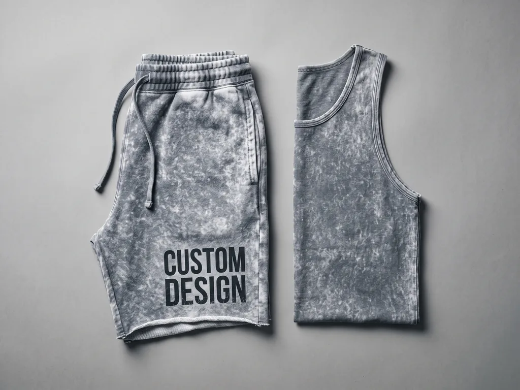 Acid wash heavyweight fleece shorts with a drawcord waist and a bold CUSTOM DESIGN print, folded flat