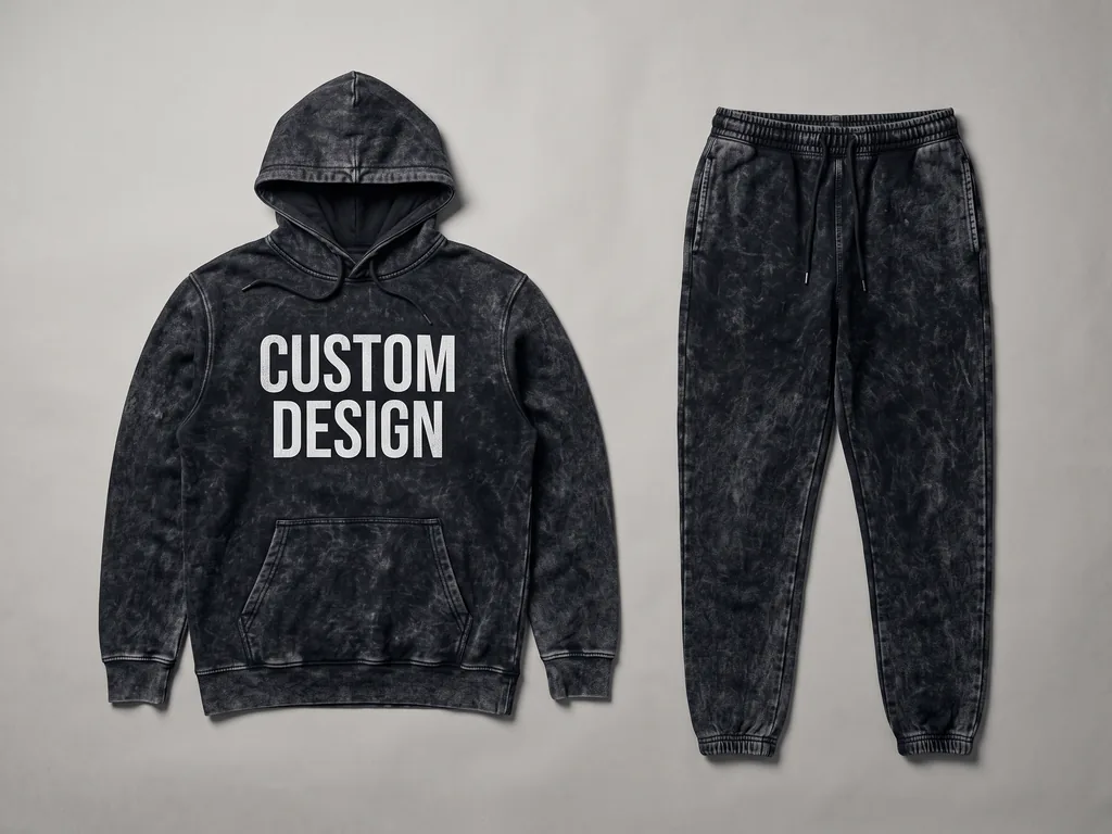 Matching acid wash tracksuit hoodie and joggers laid side by side after a single wash load