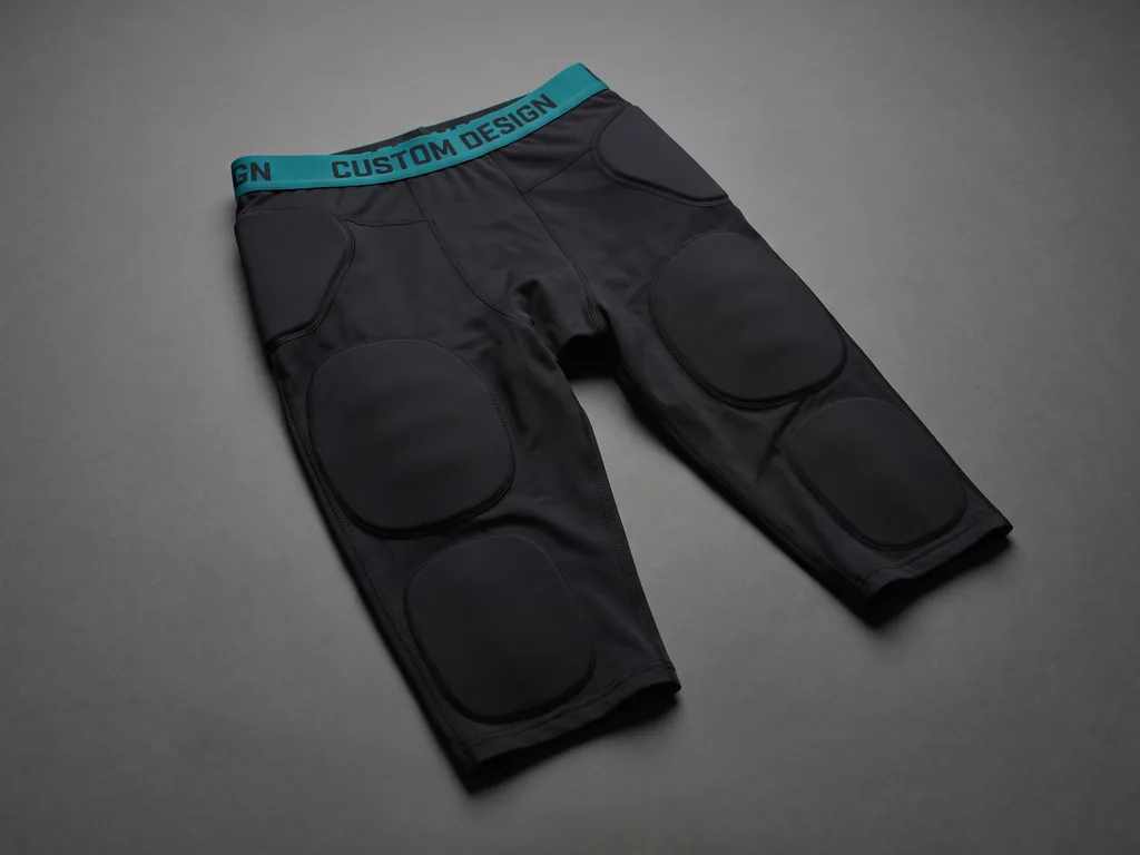 Custom compression football pants with padded thigh and hip panels and a CUSTOM DESIGN waistband print