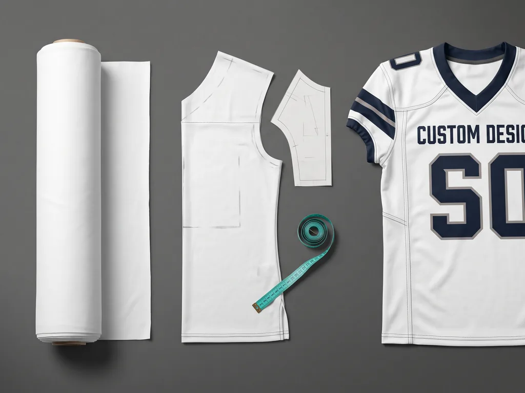 Polyester fabric roll, cut jersey panels and a finished custom american football jersey from a cut and sew factory