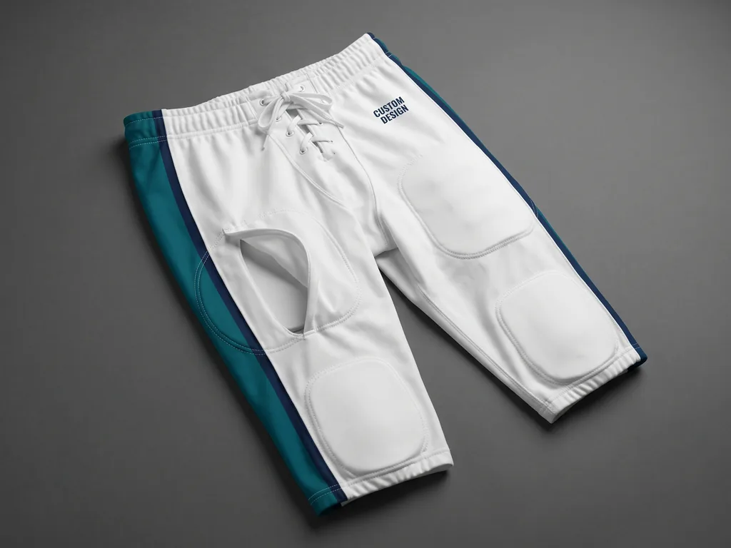Custom football game pants with integrated pad pockets and a CUSTOM DESIGN hip print, folded flat