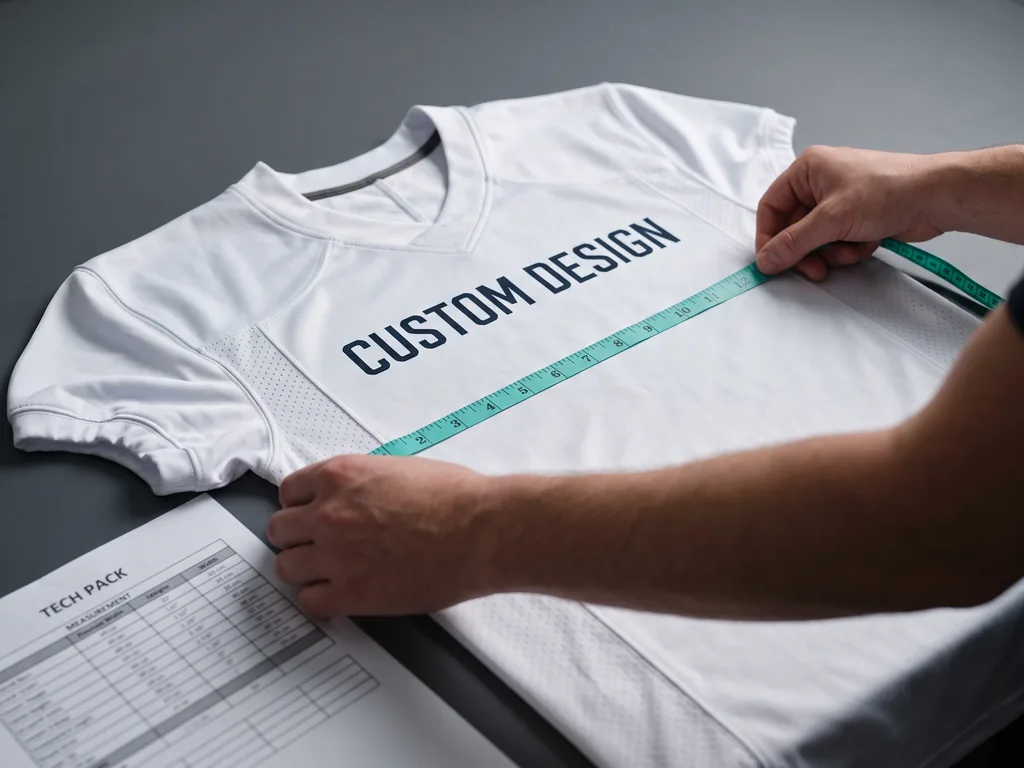 Hands measuring the chest width of a finished american football jersey against a tech pack during inspection