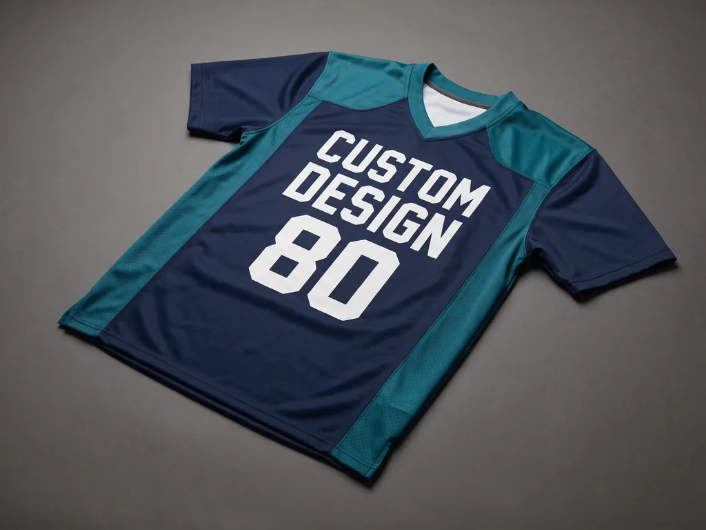 Sublimated custom american football jersey with a bold CUSTOM DESIGN chest graphic, laid flat