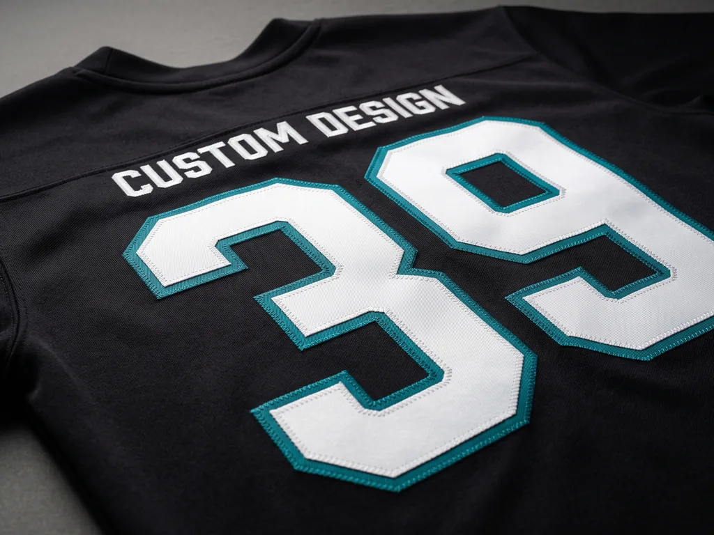 Tackle twill football jersey with stitched twill numbers and a CUSTOM DESIGN chest mark