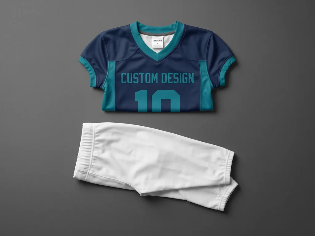 Youth american football uniform set with jersey and pants carrying a CUSTOM DESIGN team graphic