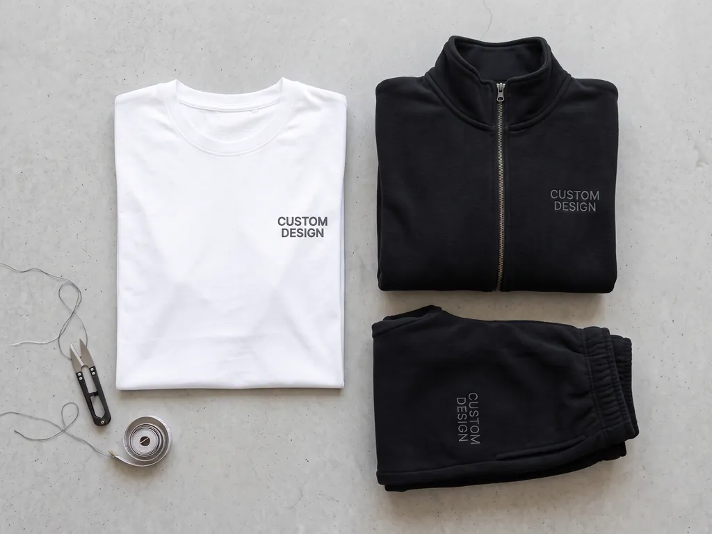 Flat embroidery services result: small CUSTOM DESIGN logos stitched flat on a white tee, black zip jacket and joggers