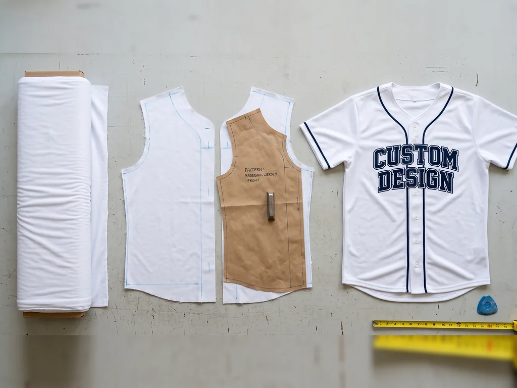 Fabric roll, printed and cut panels and a finished custom baseball jersey showing what a baseball uniform manufacturer builds from scratch