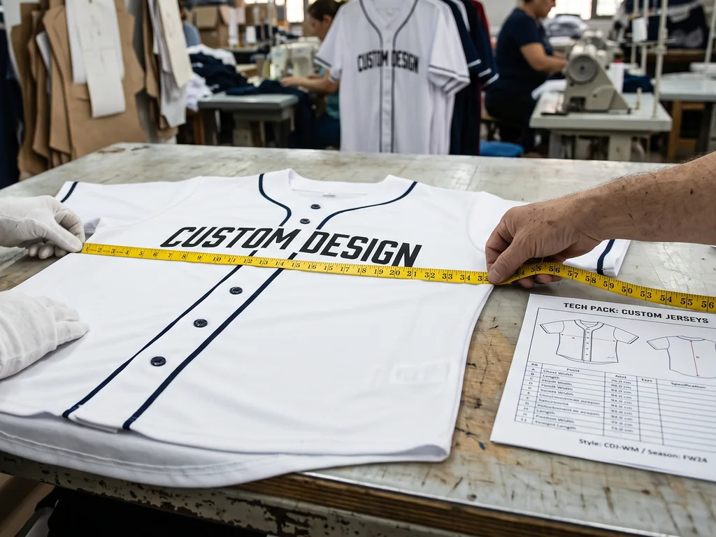 Hands measuring the chest width of a finished custom baseball jersey against a tech pack during inspection