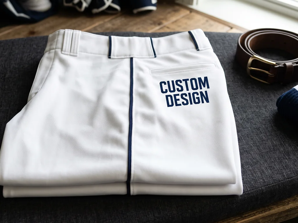 White piped baseball pants in double-knit polyester with a CUSTOM DESIGN hip graphic, folded flat