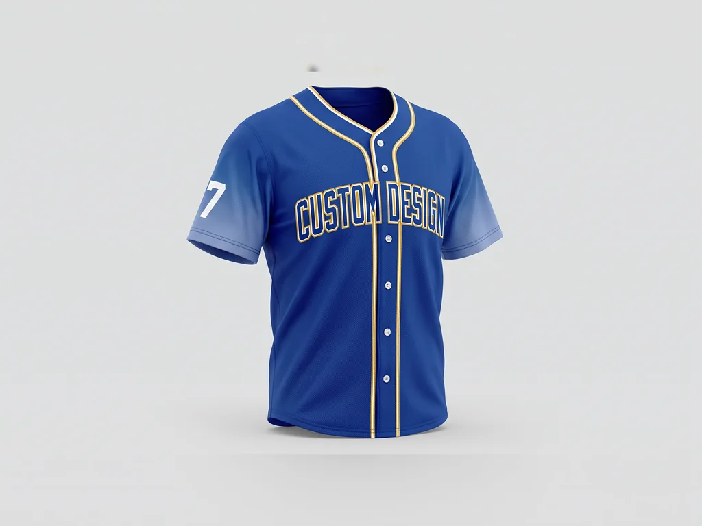 Full-button sublimated baseball jersey with a bold CUSTOM DESIGN chest graphic, made by a baseball uniform manufacturer