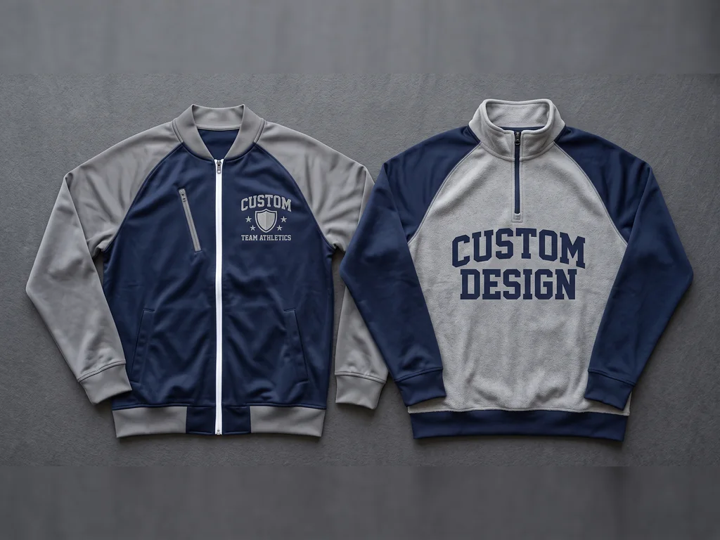 Team dugout jacket and quarter-zip warmup with a CUSTOM DESIGN chest logo, laid side by side