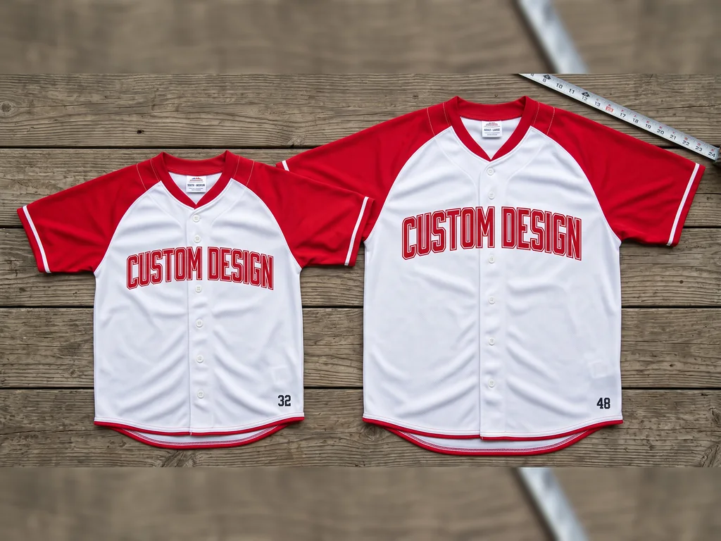 Youth baseball jersey with a CUSTOM DESIGN chest graphic laid beside an adult jersey in the same colourway