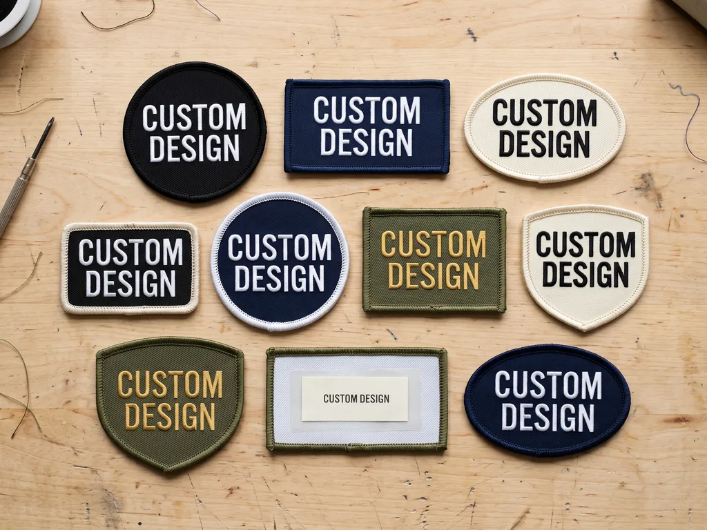 Custom embroidered patches reading CUSTOM DESIGN with merrowed edges, laid out on a workbench