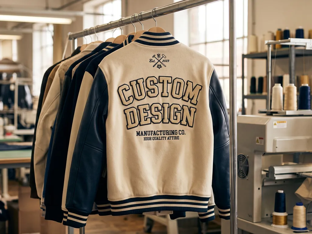 Cream and navy varsity bomber jacket with chenille CUSTOM DESIGN lettering, hanging on a rack beside a multi-head embroidery machine