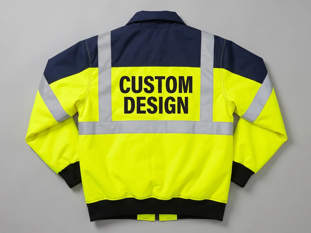 Back of a hi vis yellow bomber jacket with navy shoulders, silver reflective tape and a black CUSTOM DESIGN print