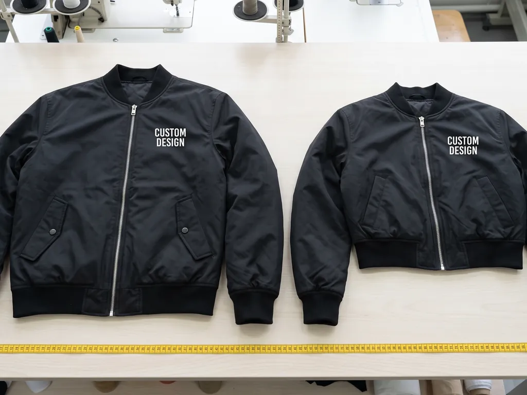 Men's regular-length and women's cropped black bomber jackets side by side on a cutting table with a paper pattern and tape measure