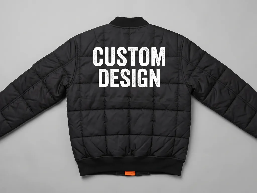Back of a black quilted padded bomber jacket with a white CUSTOM DESIGN print, box quilting and orange lining at the cuff