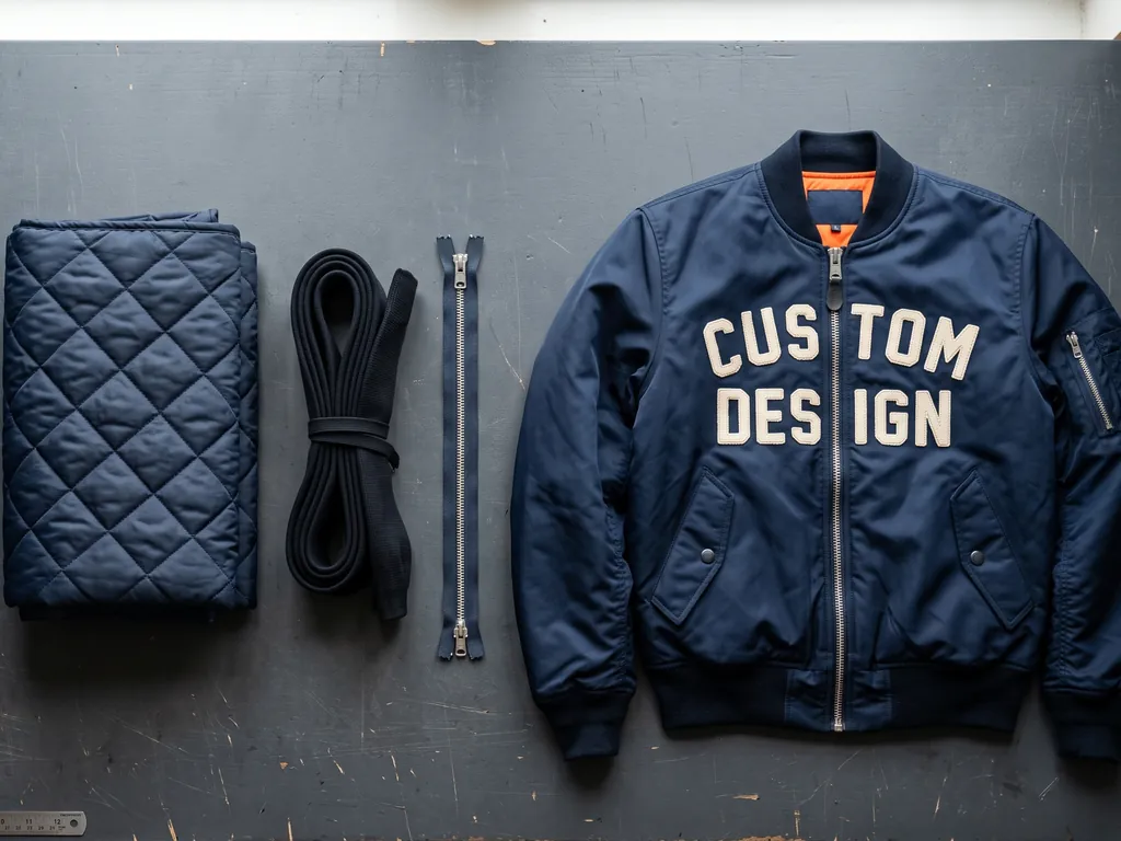 Quilted lining panel, coiled rib trim and a two-way zip laid out beside the finished navy CUSTOM DESIGN bomber jacket they build into