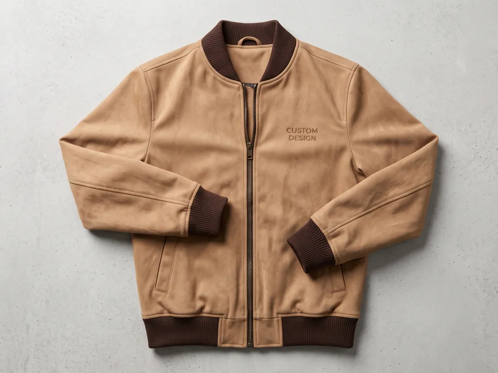 Tan microsuede bomber jacket laid flat with brown rib collar and cuffs and a tonal CUSTOM DESIGN chest embroidery