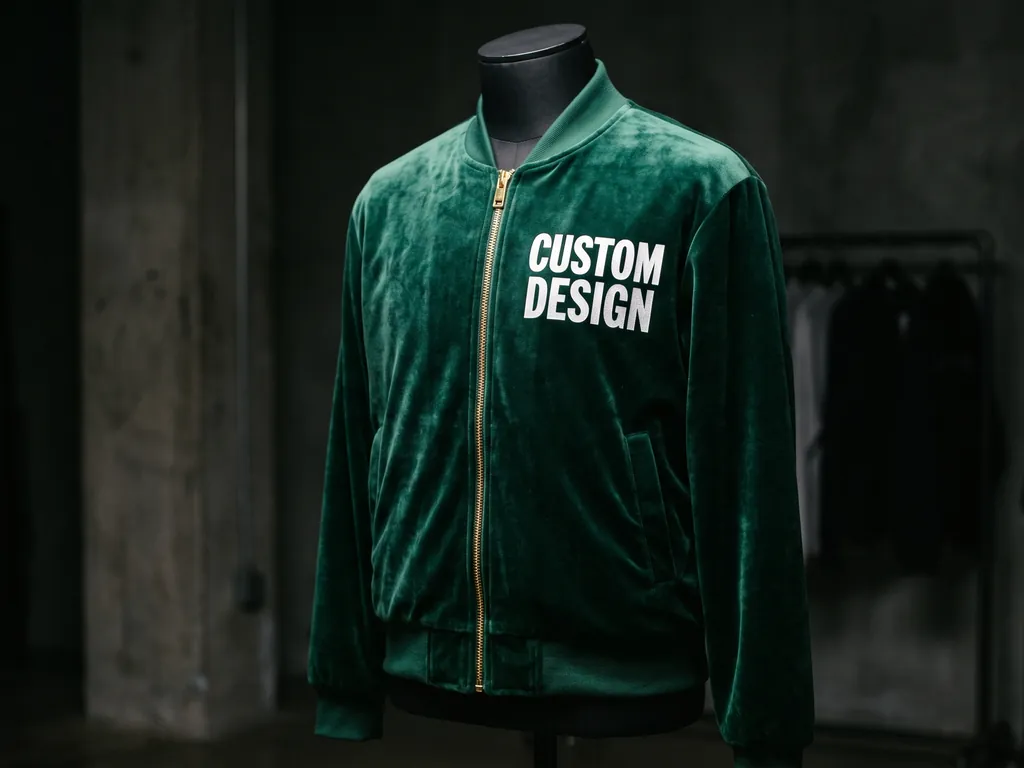 Deep green velour bomber jacket on a mannequin with a gold two-way zip and a white CUSTOM DESIGN chest print
