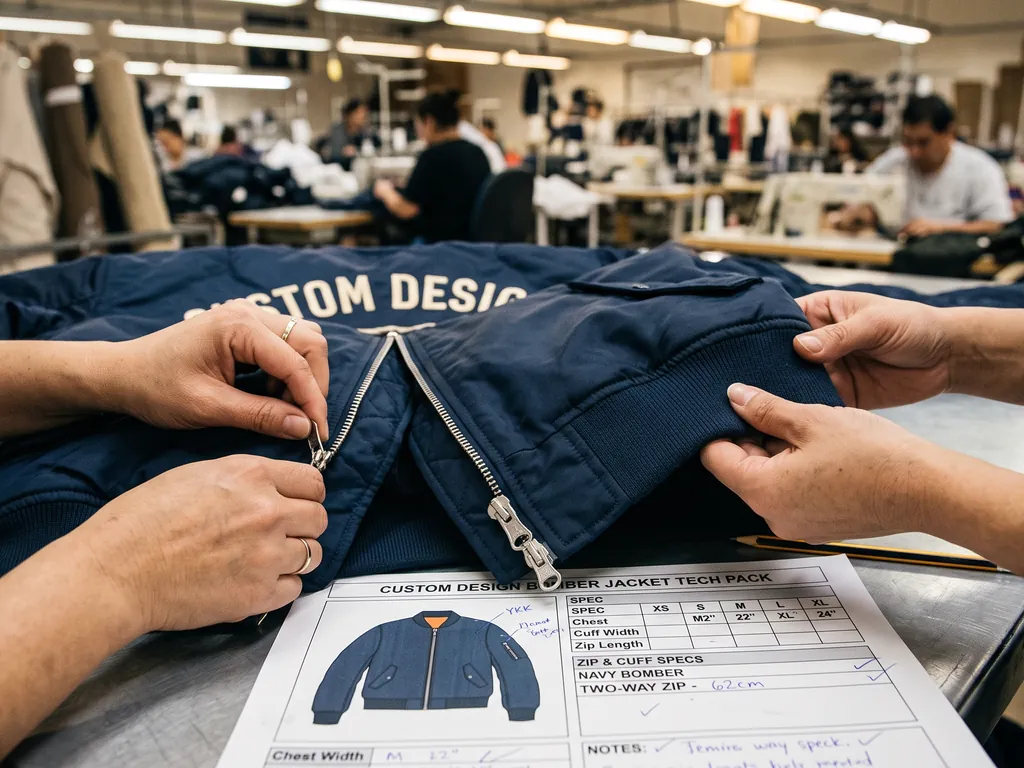Two-way zip and cuff rib of a navy CUSTOM DESIGN bomber jacket checked against a printed tech pack on the Sialkot production floor