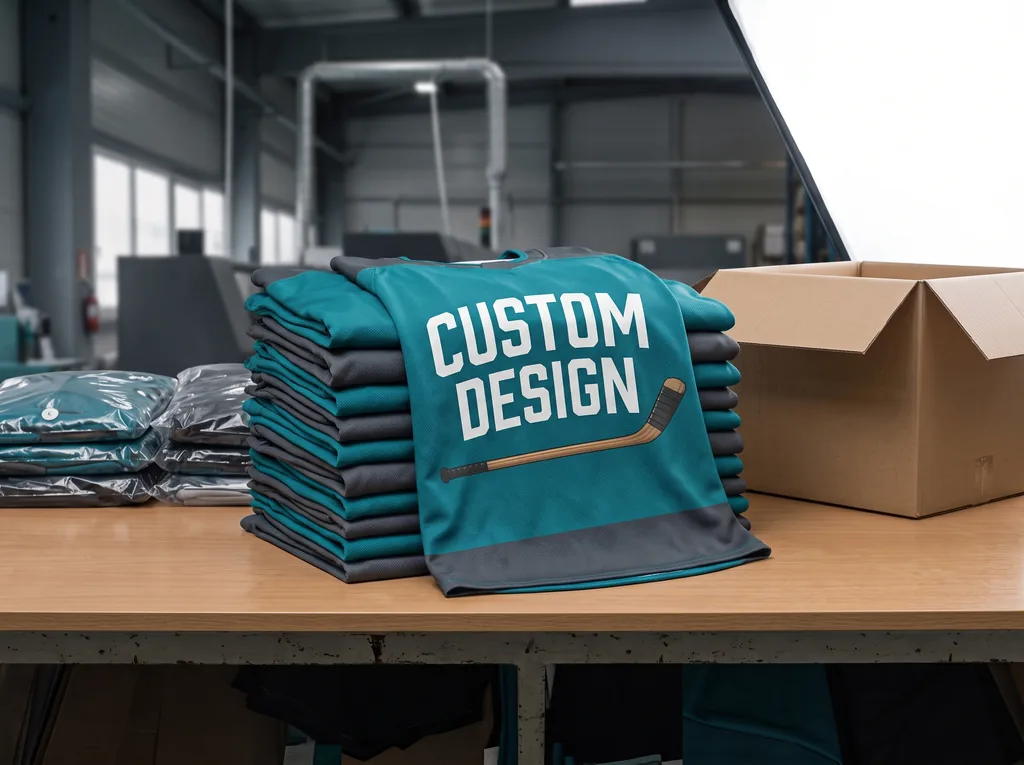 Stack of custom hockey practice jerseys in bulk with a CUSTOM DESIGN chest print