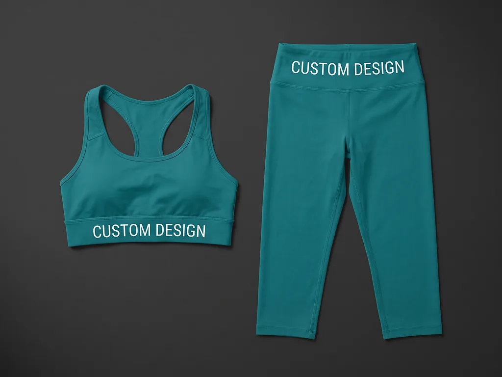 Matching teal capri leggings and sports bra set cut from one dye lot, printed with CUSTOM DESIGN