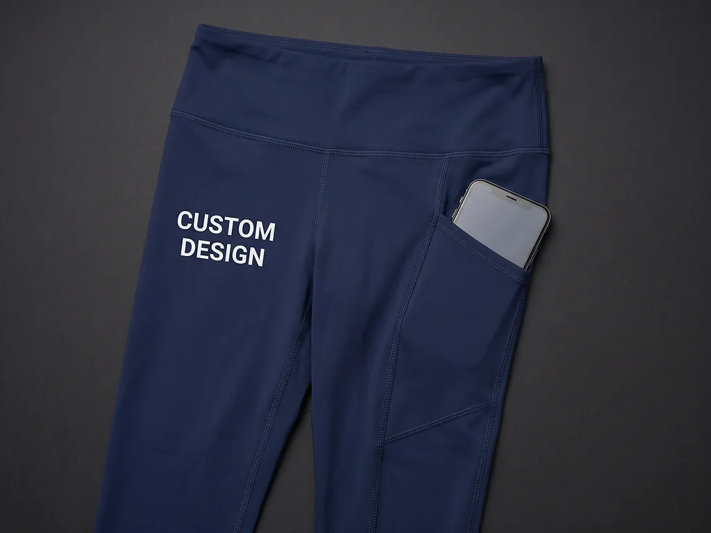 Navy capri leggings with pockets holding a phone, with a CUSTOM DESIGN print on the thigh