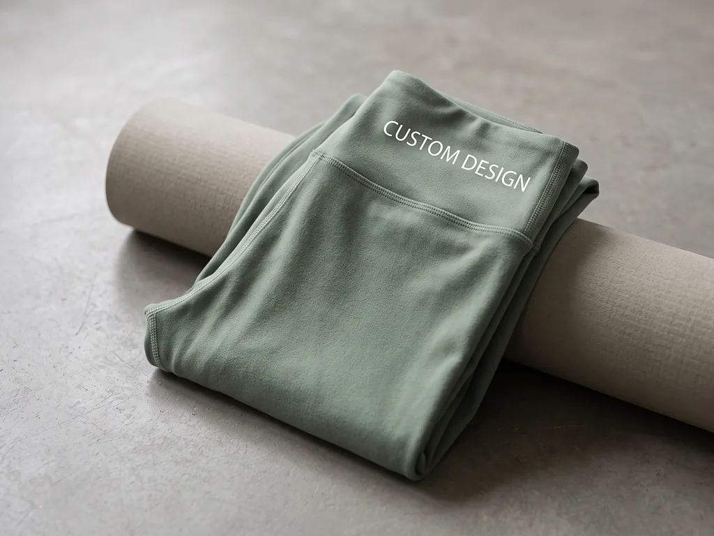 Sage green brushed capri yoga leggings folded on a yoga mat with a CUSTOM DESIGN waistband print