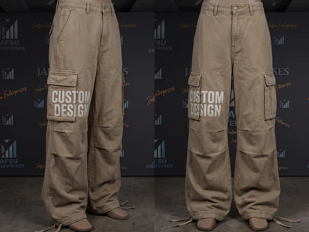 Baggy wide-leg cargo pants in washed cotton twill shown front and three-quarter, with a CUSTOM DESIGN thigh pocket print