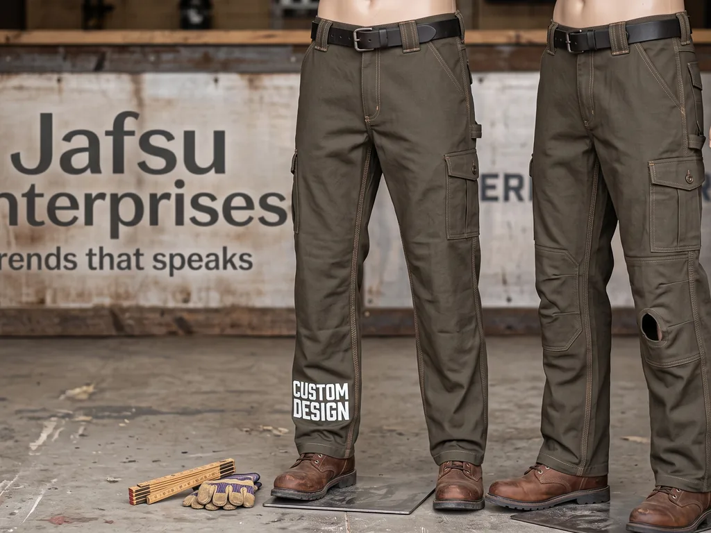 Durable cargo work pants in poly cotton twill with knee pad pockets and a CUSTOM DESIGN leg print
