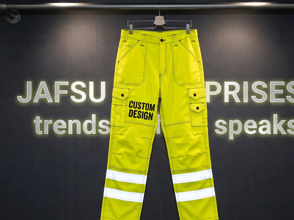 Hi vis yellow cargo work pants with retroreflective tape and a CUSTOM DESIGN thigh panel print