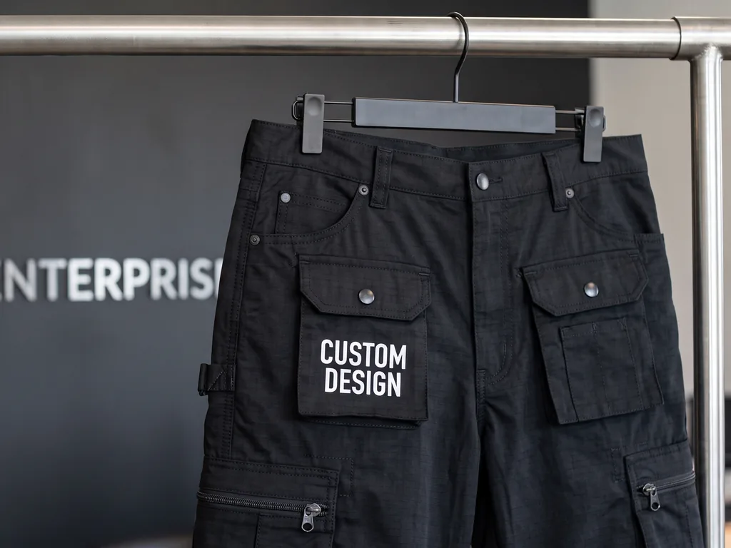 Multi pocket utility cargo pants with bellows thigh pockets and a CUSTOM DESIGN flap print
