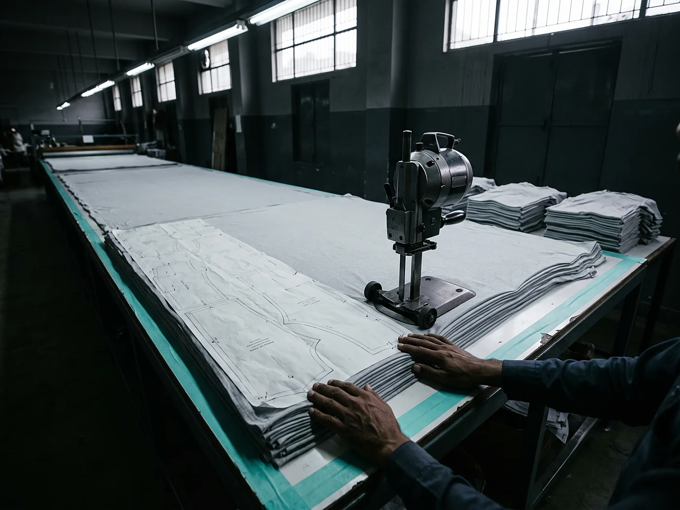 Cotton jersey panels spread and cut for oversized tees at a garment clothing manufacturer
