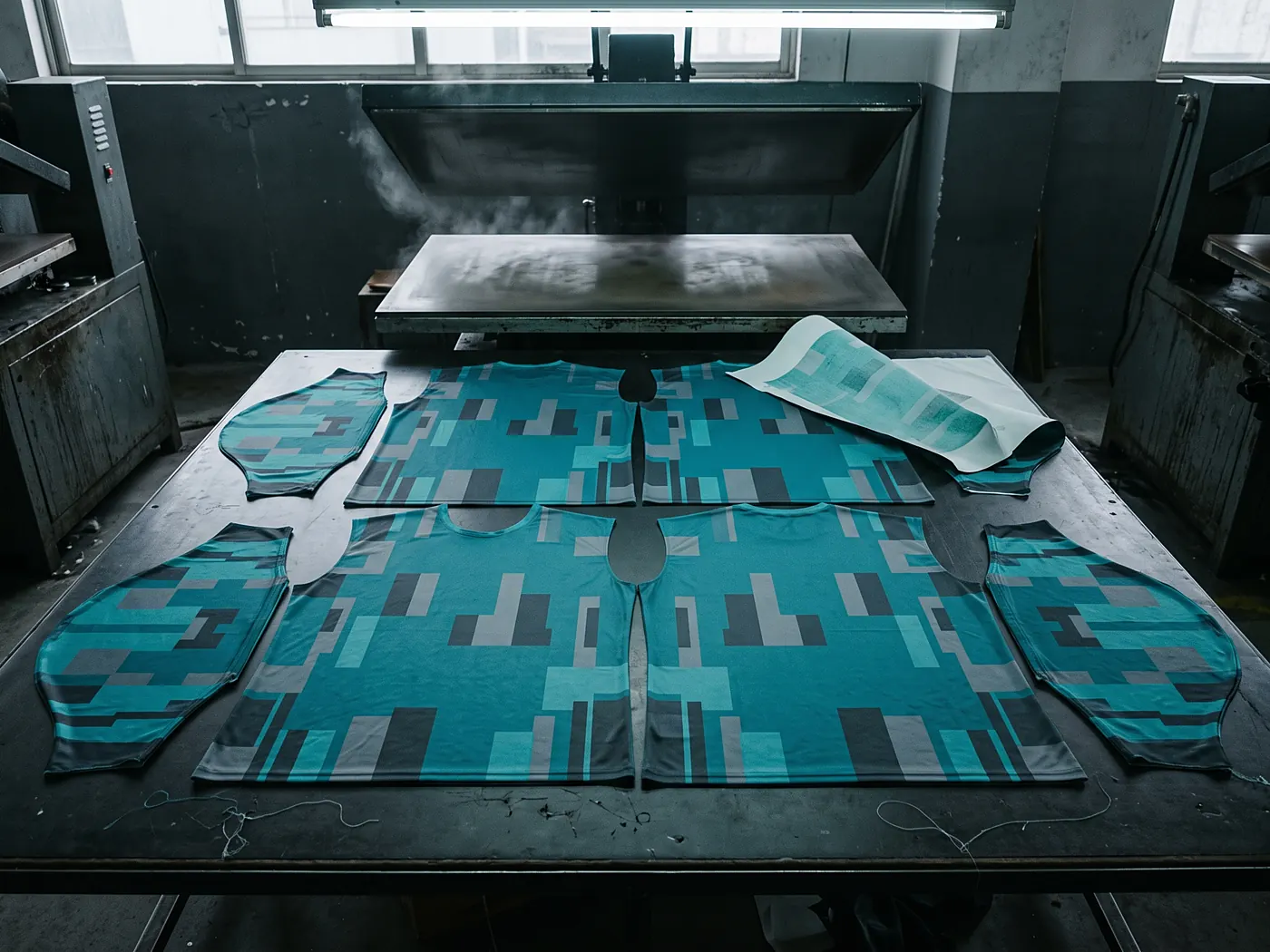 Sublimated team kit panels checked before assembly at a sportswear clothing manufacturer