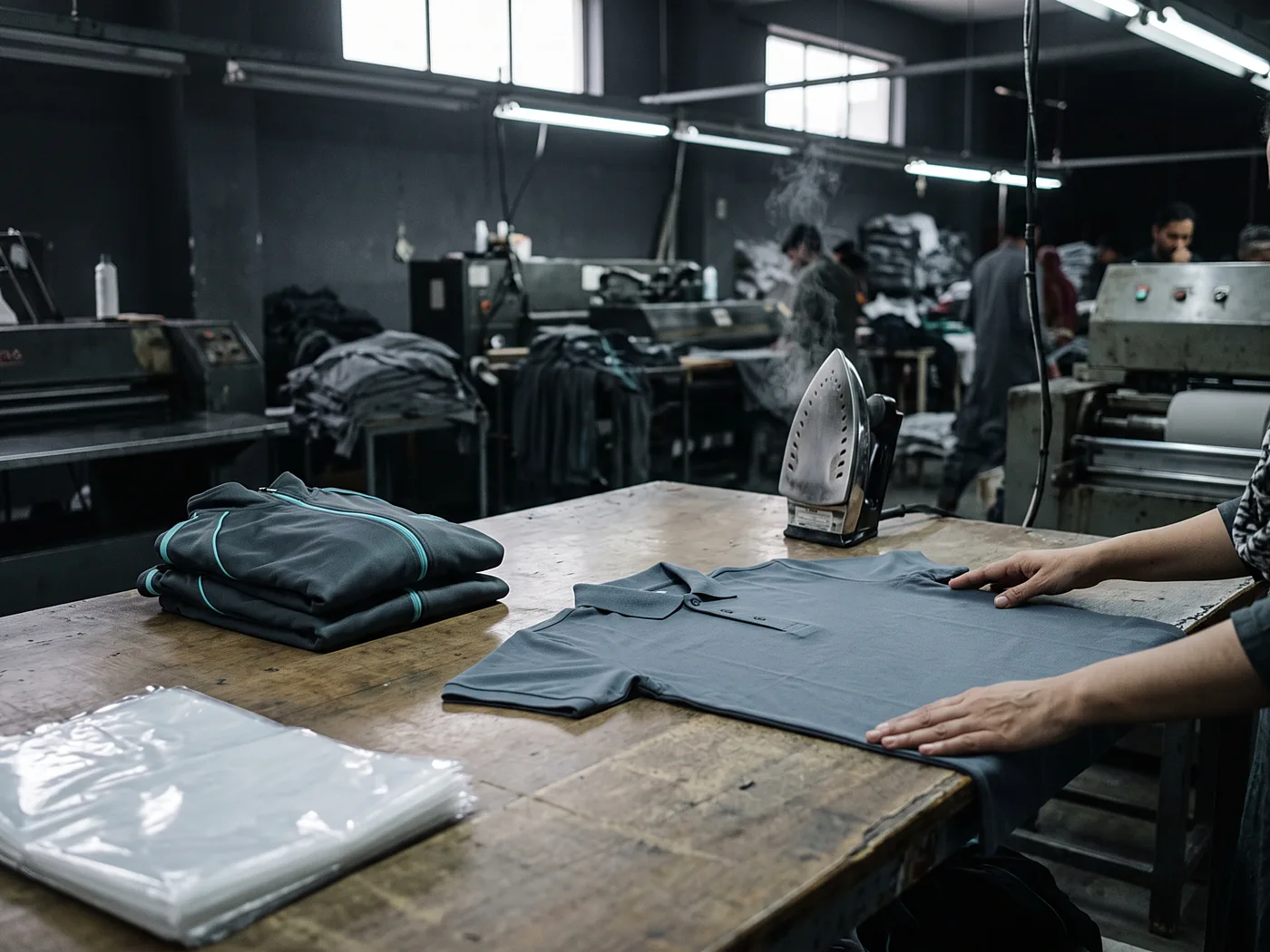 Polo shirts and tracksuit tops on the finishing table at a clothing manufacturing company