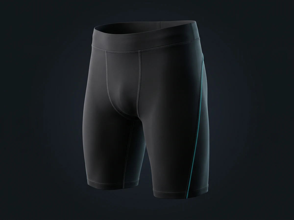 Black custom compression shorts in nylon-spandex with flatlock seams, made by Jafsu Enterprises